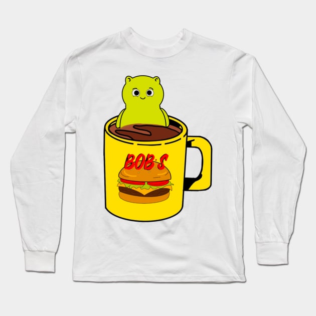 Burger Bob’s Coffee Mug With Kuchi Kopi Illustration Long Sleeve T-Shirt by ShyGirlMerchant